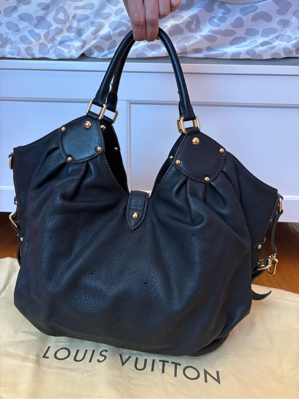 Louis Vuitton Black Leather Mahina L Hobo Bag, Comes With Original Dust Bag